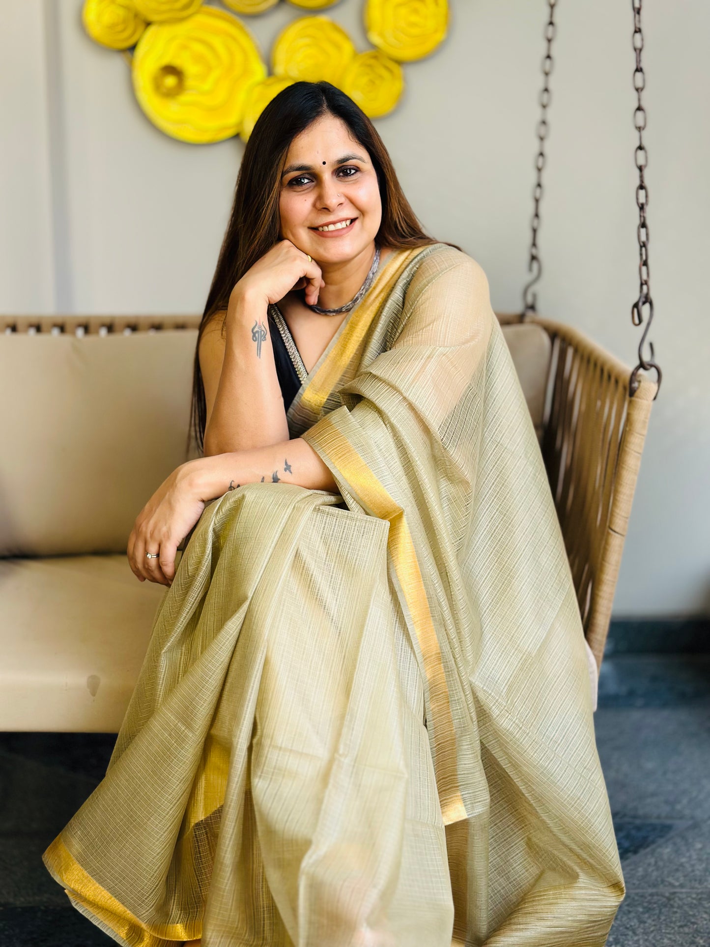 Beige Grey Kota Doria Silk Saree
