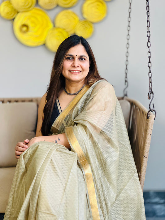 Beige Grey Kota Doria Silk Saree