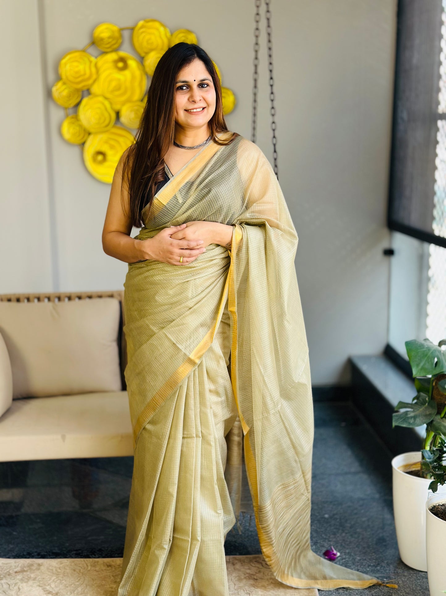 Beige Grey Kota Doria Silk Saree