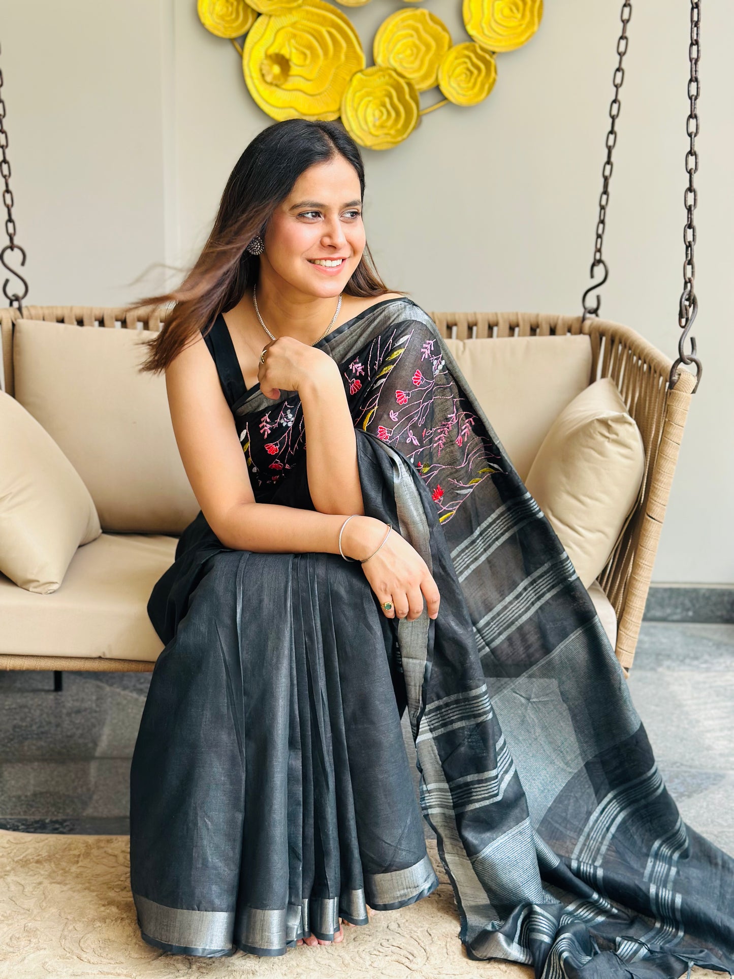 Black Semi Linen Saree