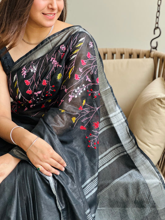Black Semi Linen Saree