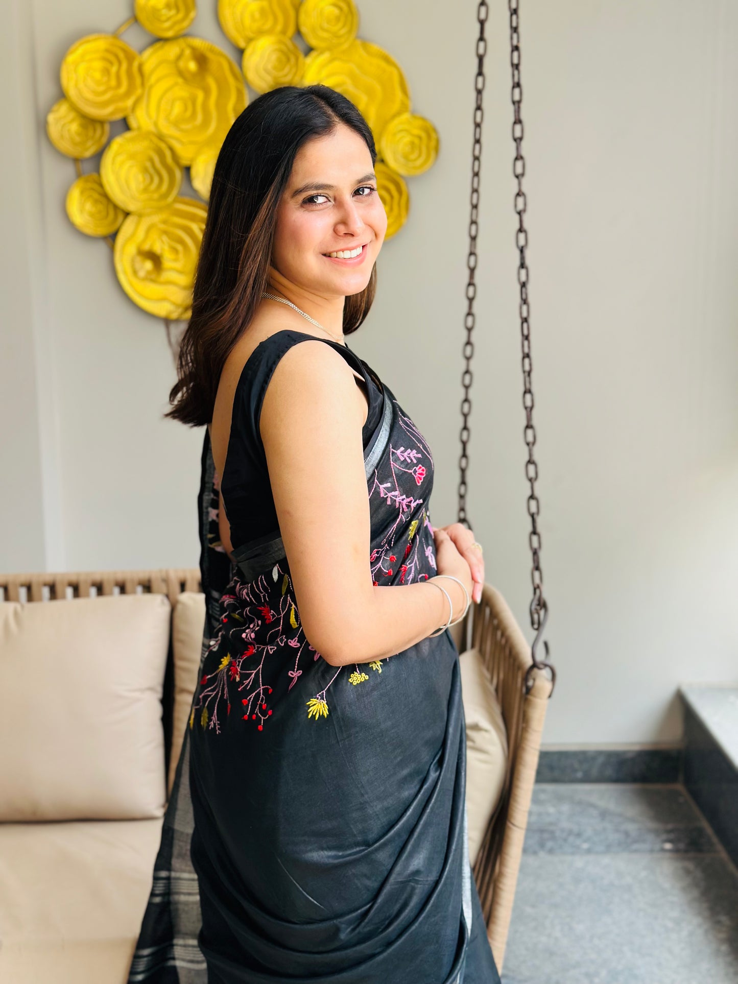 Black Semi Linen Saree