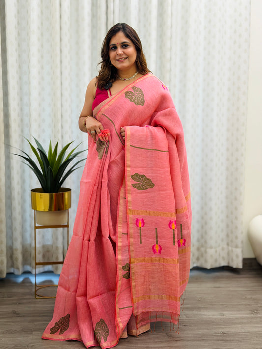 Pink Linen-Silk Jamdani Saree