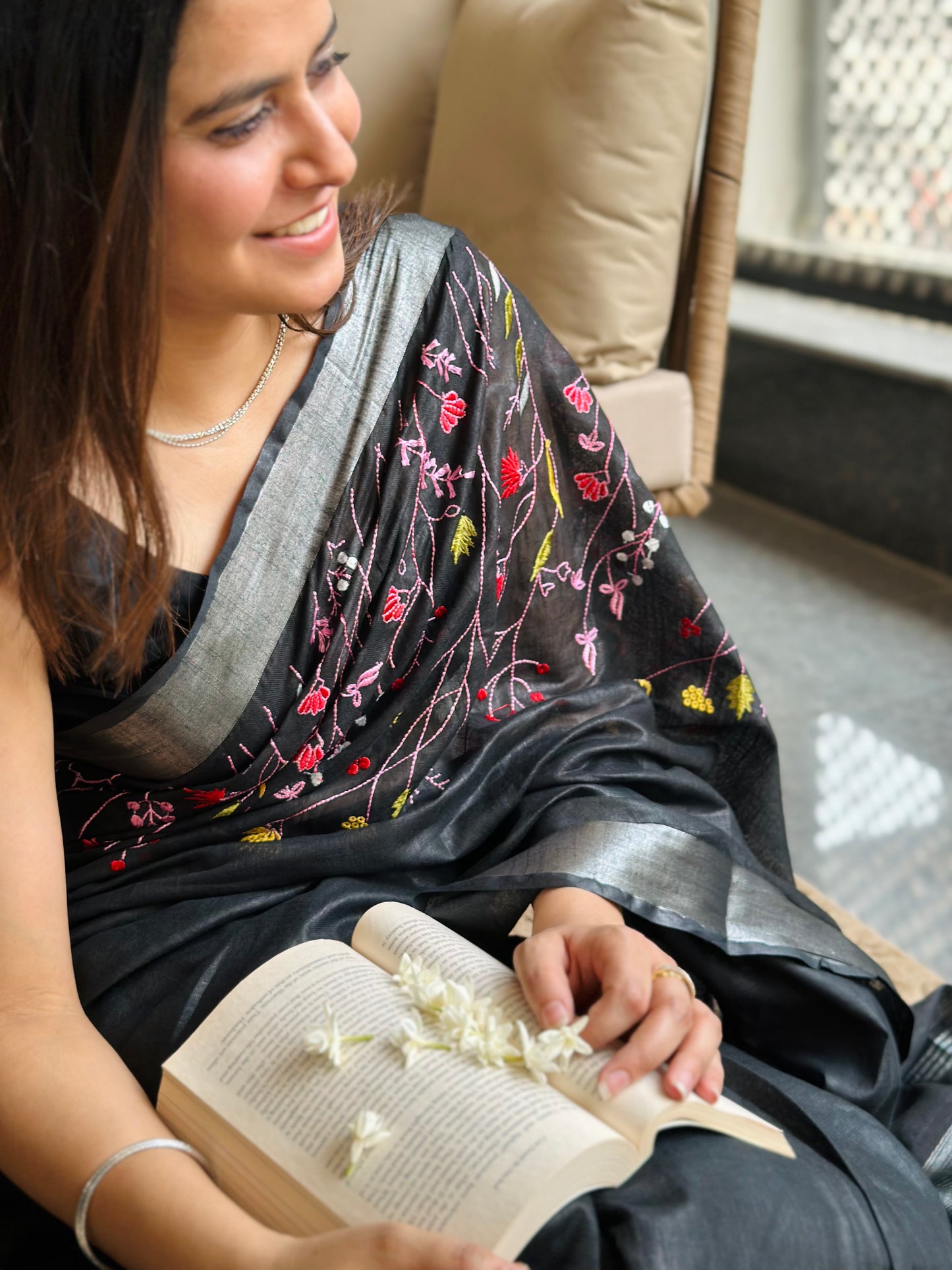 Black Semi Linen Saree