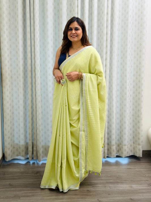 Lime Cream Linen Saree