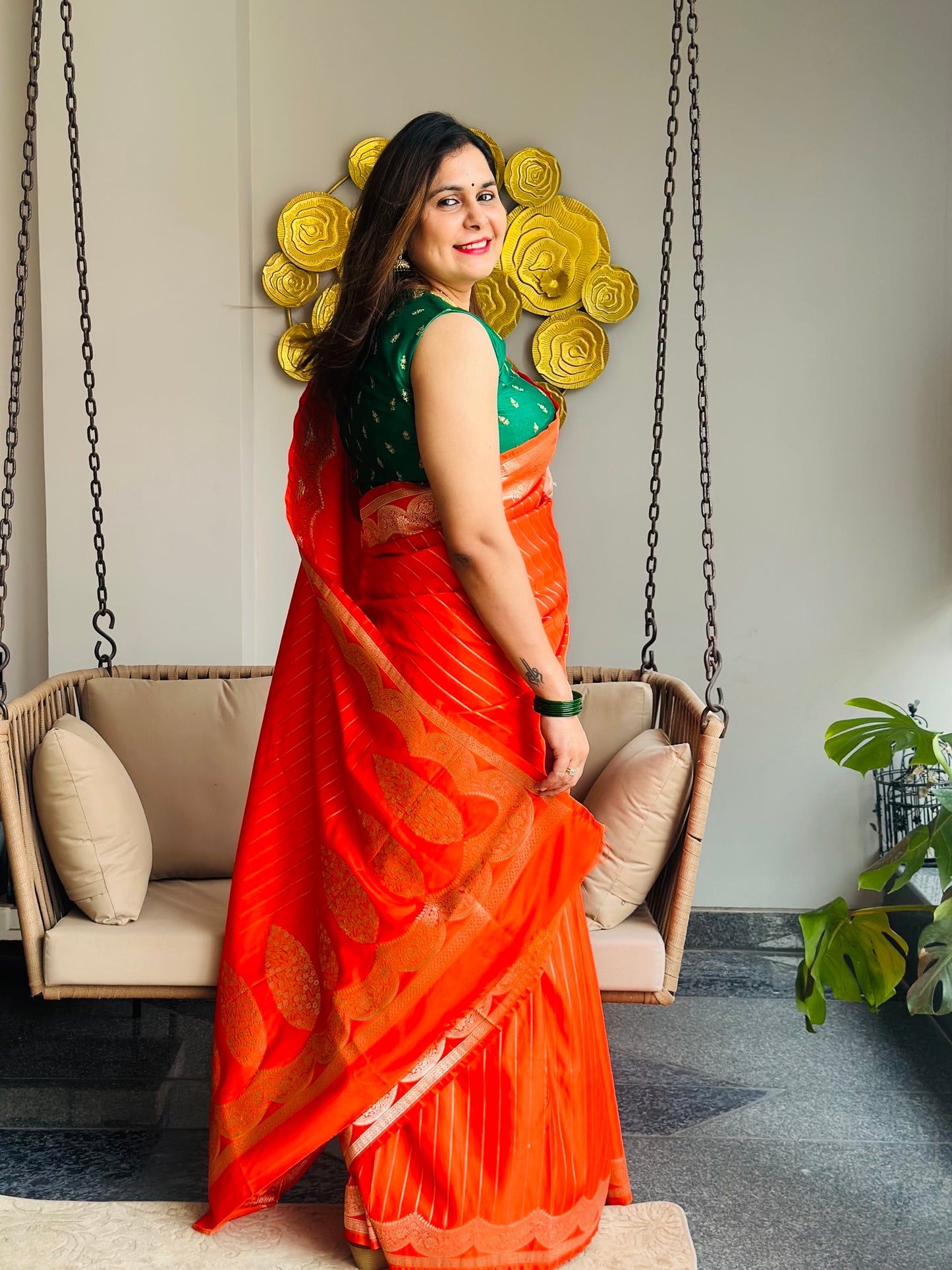 Orange Mashru Silk Banarasi Saree