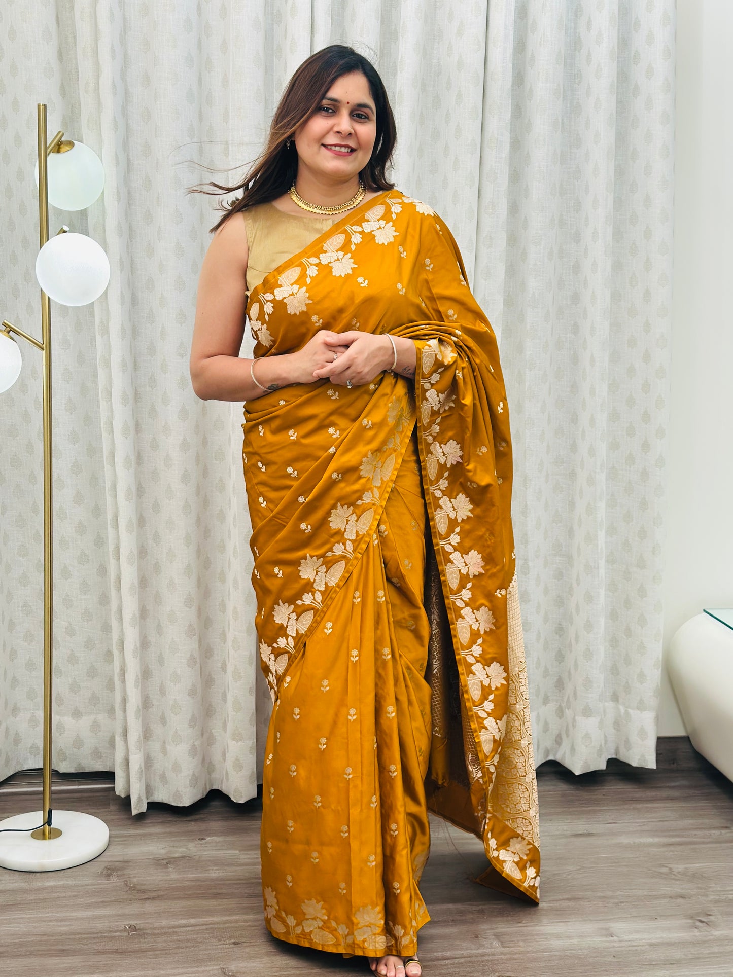 Ochre Yellow Banarasi Mashru Silk Saree