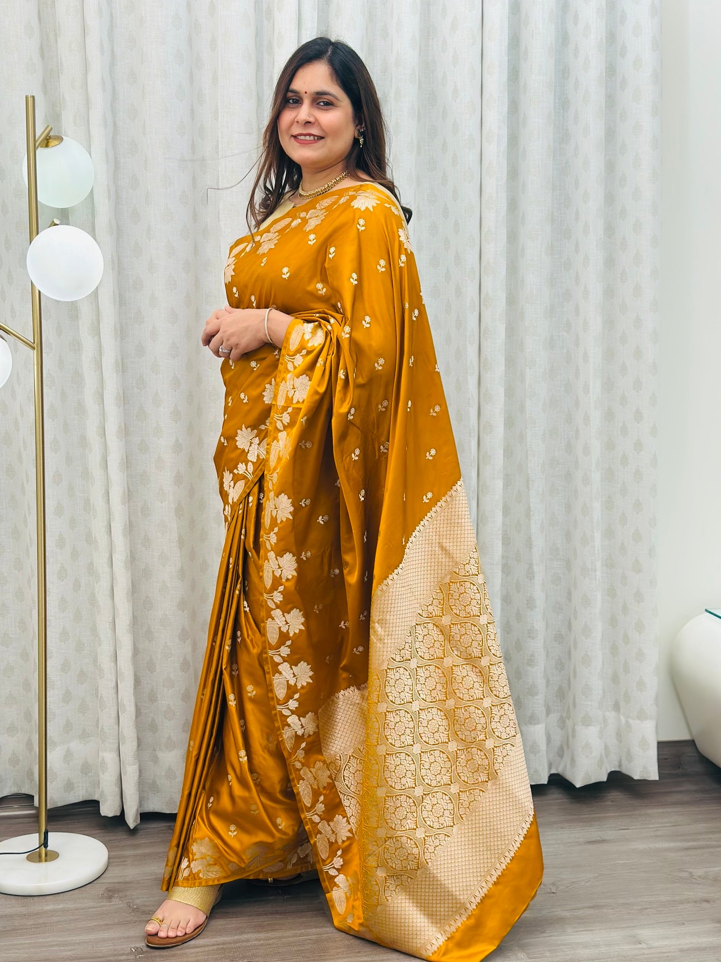 Ochre Yellow Banarasi Mashru Silk Saree