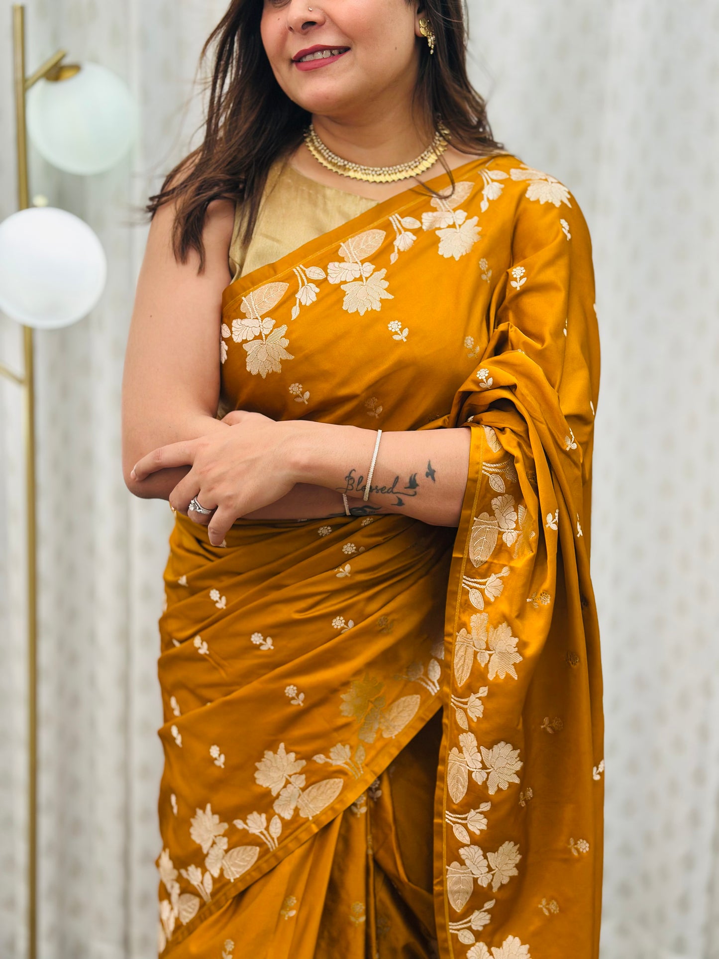 Ochre Yellow Banarasi Mashru Silk Saree