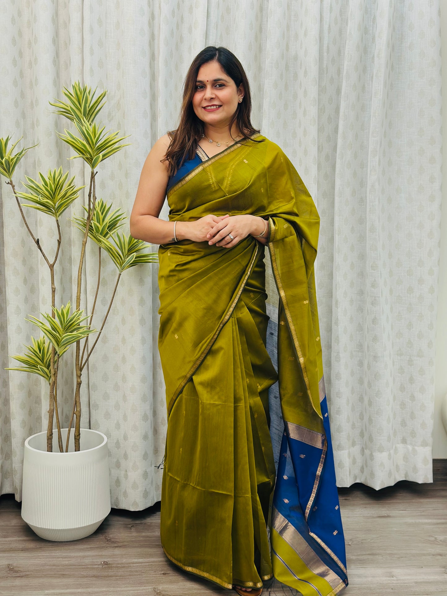 Olive Green Maheshwari Saree
