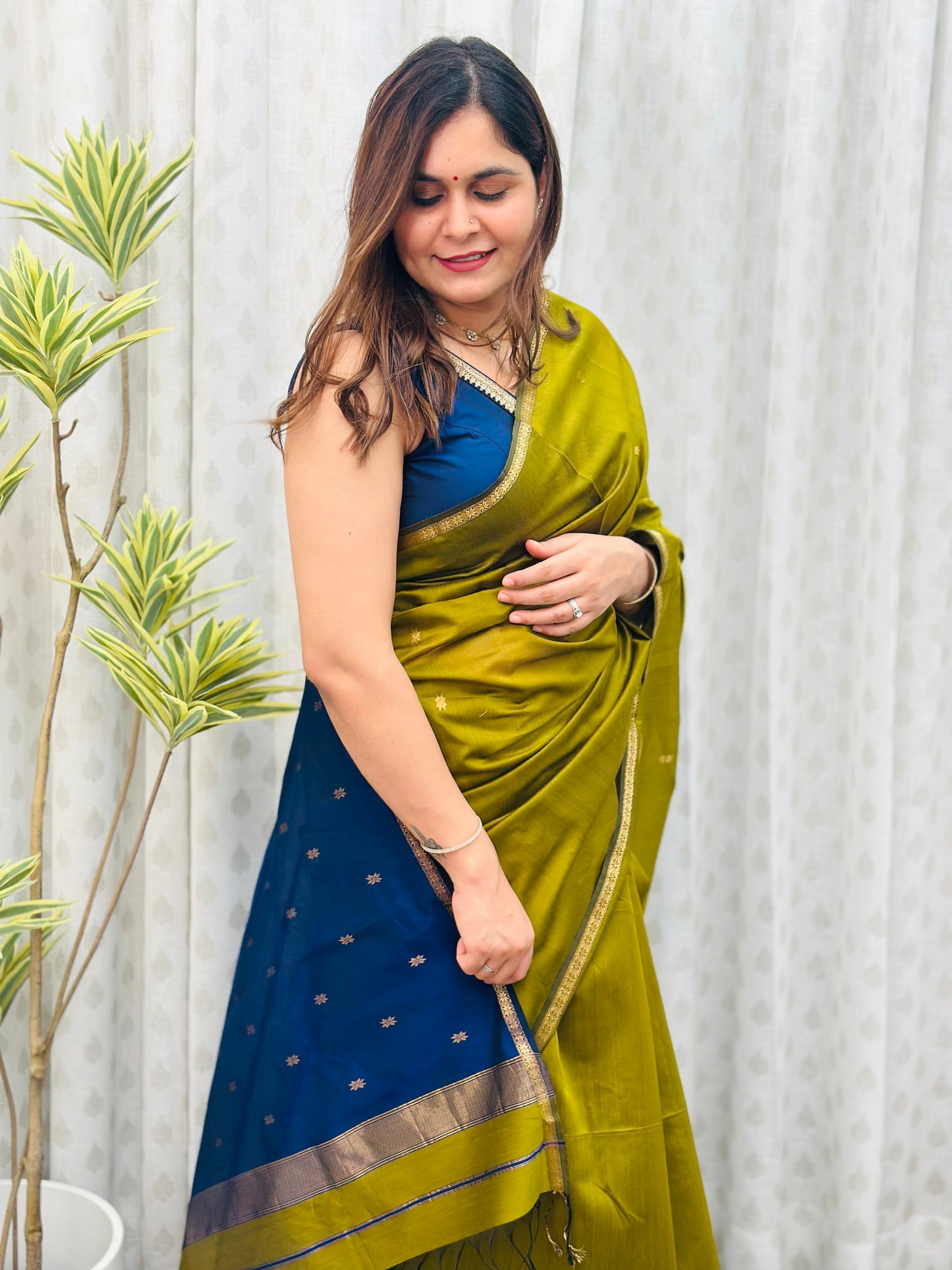 Olive Green Maheshwari Saree