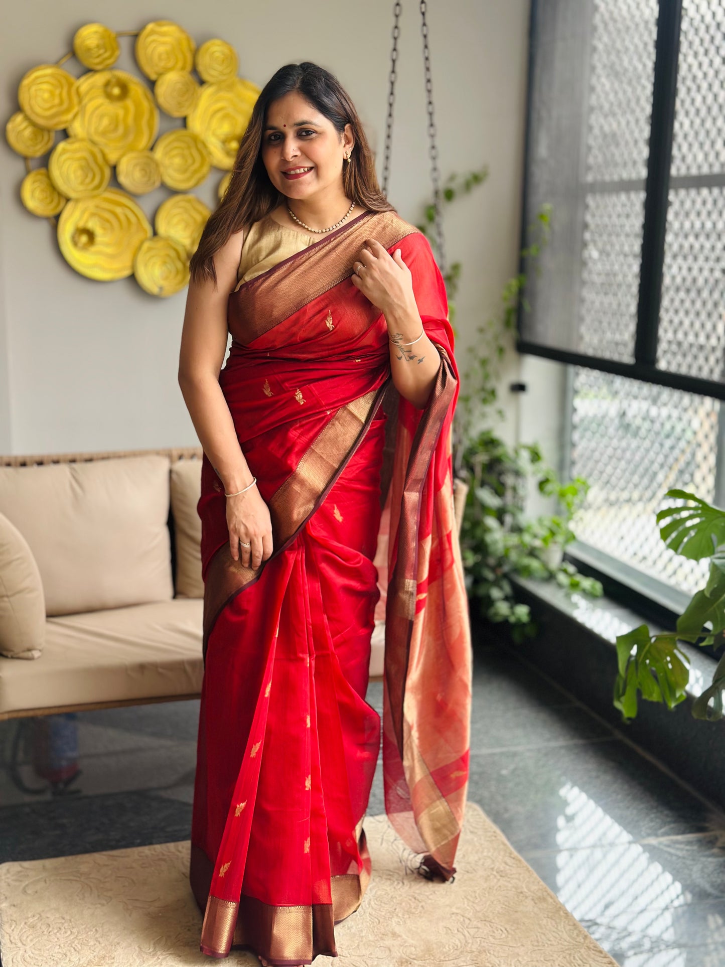 Maroon Maheshwari Saree