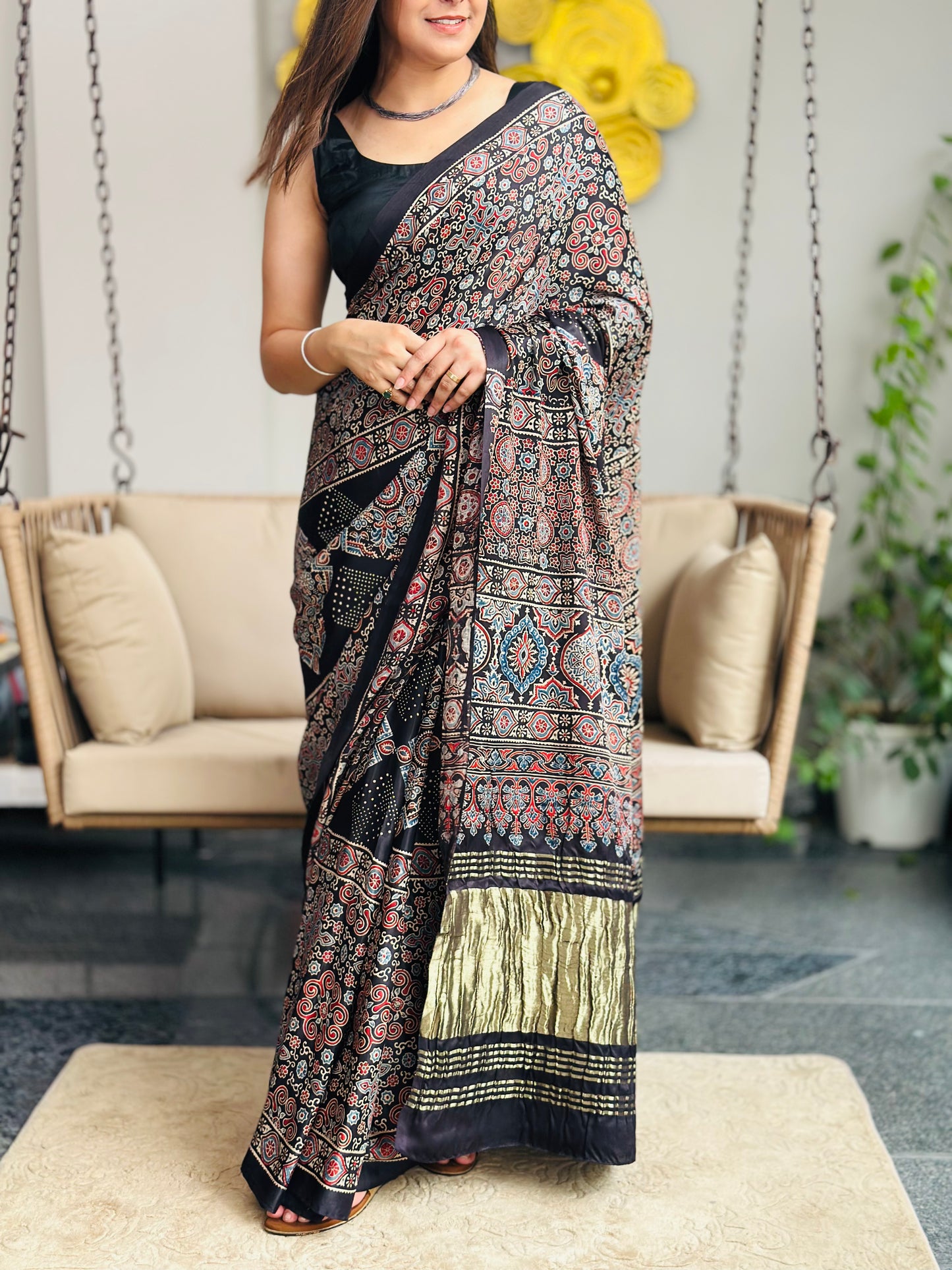 Black Ajrakh Modal Silk Saree