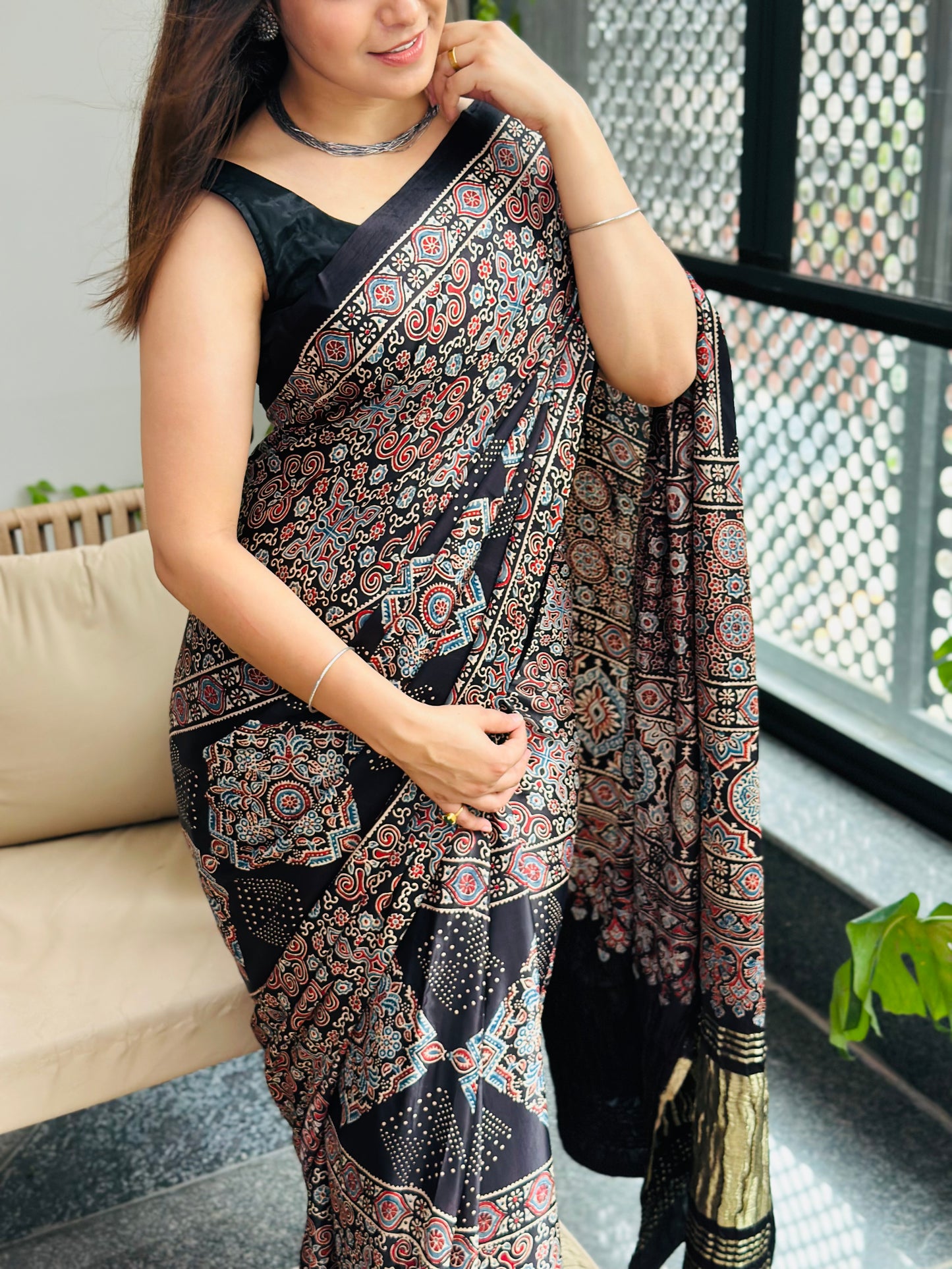 Black Ajrakh Modal Silk Saree
