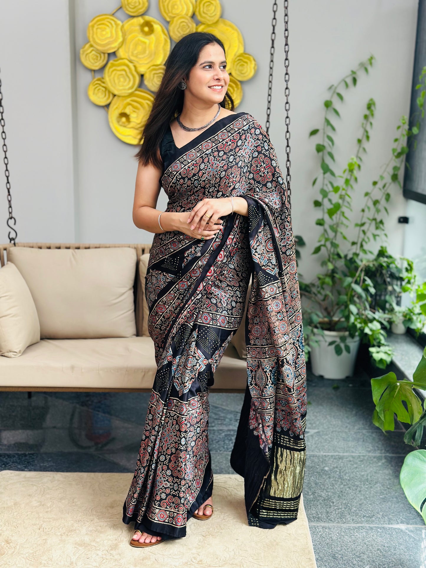 Black Ajrakh Modal Silk Saree