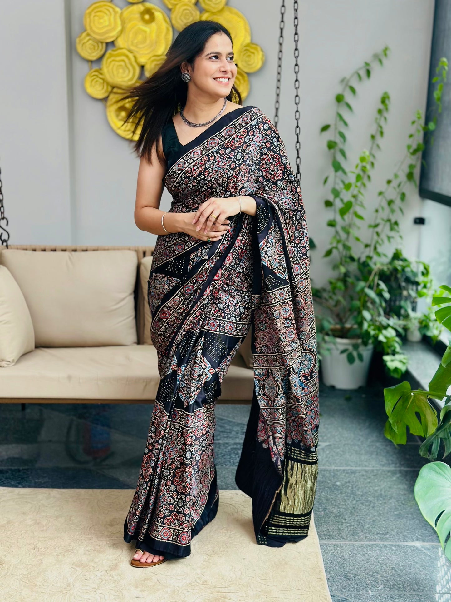 Black Ajrakh Modal Silk Saree