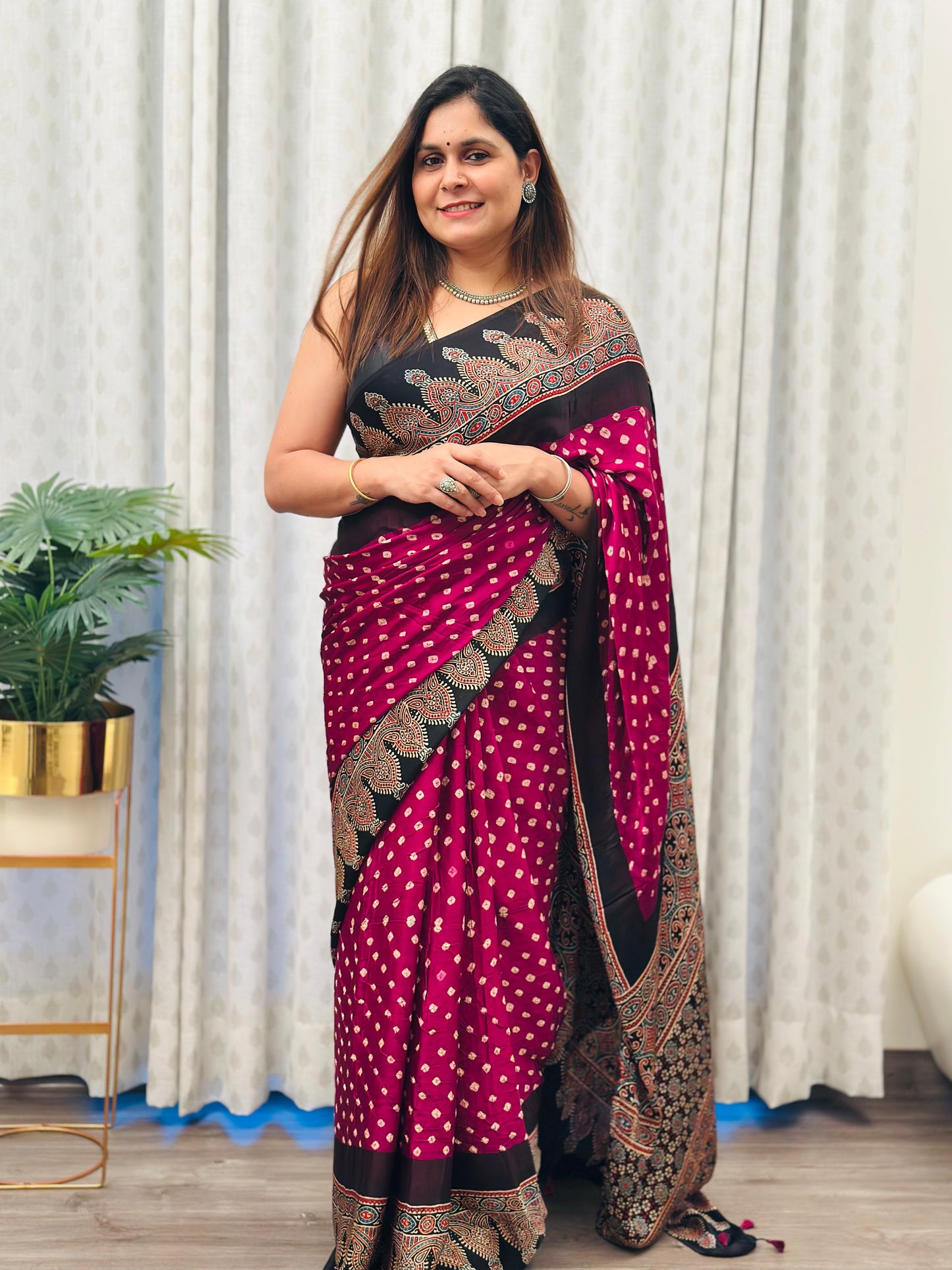 Ajrakh Bandhani Modal Silk Saree