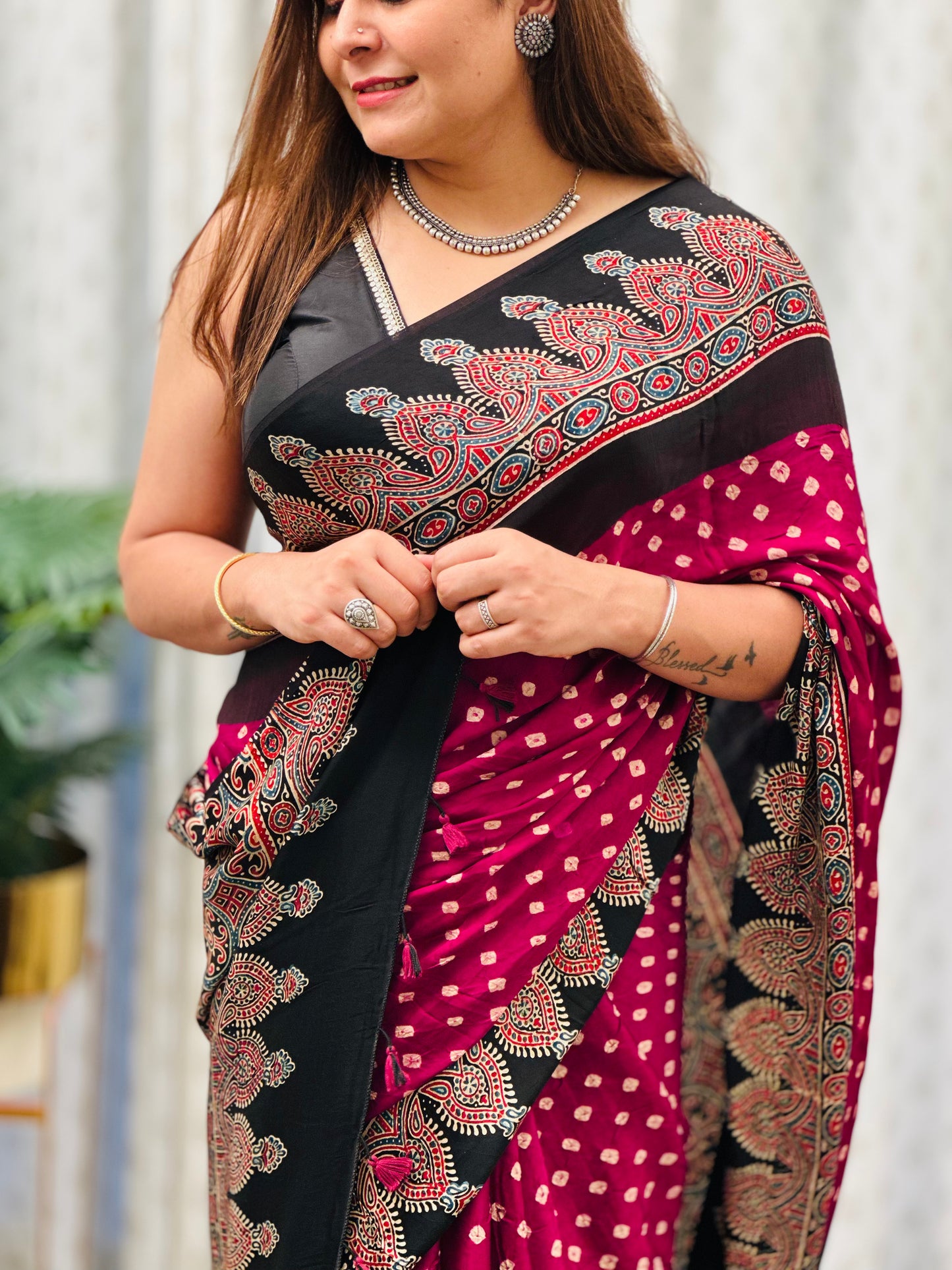 Ajrakh Bandhani Modal Silk Saree
