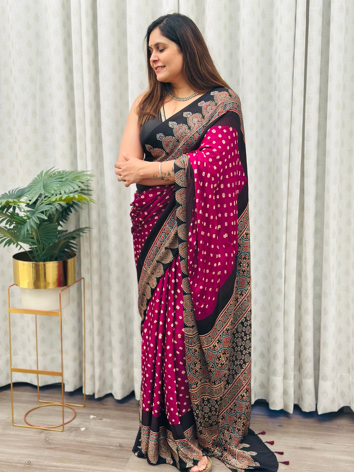 Ajrakh Bandhani Modal Silk Saree