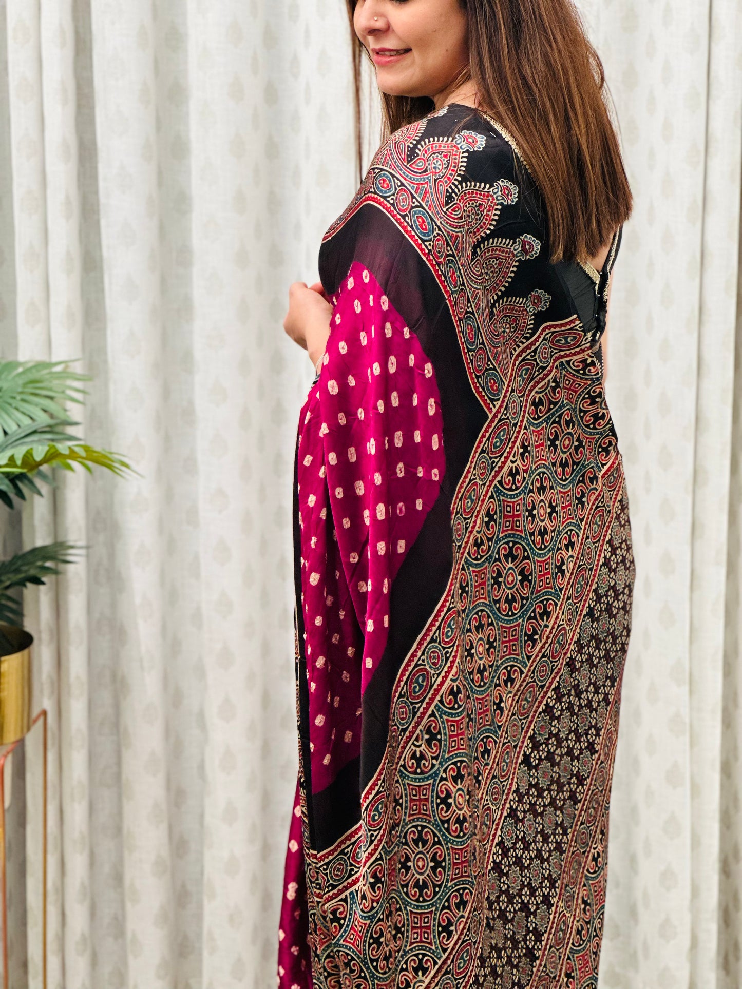 Ajrakh Bandhani Modal Silk Saree