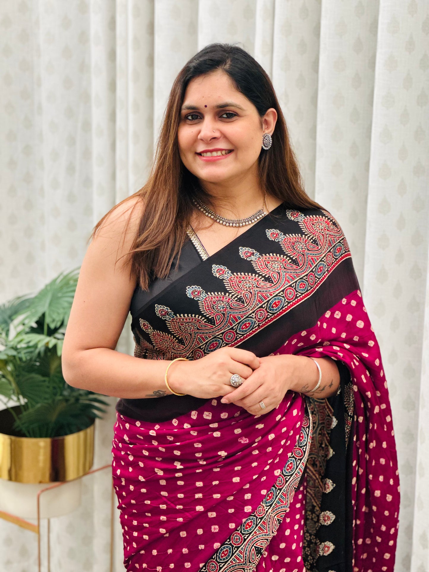 Ajrakh Bandhani Modal Silk Saree