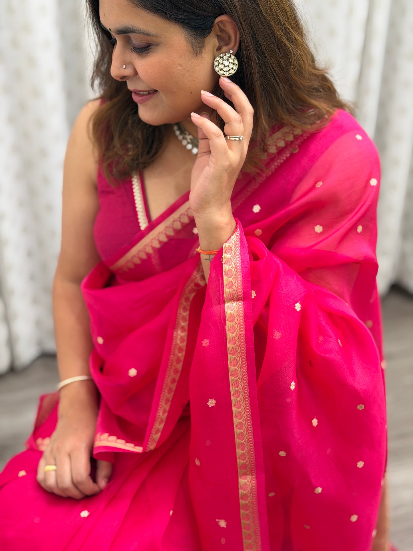 Hot Pink Pure Kora Silk Saree