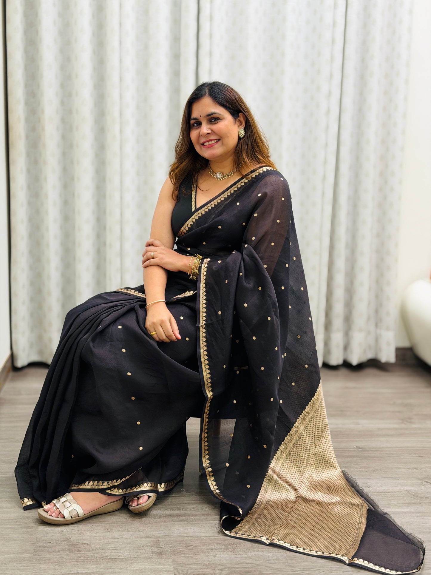 Black Pure Kora Silk Saree