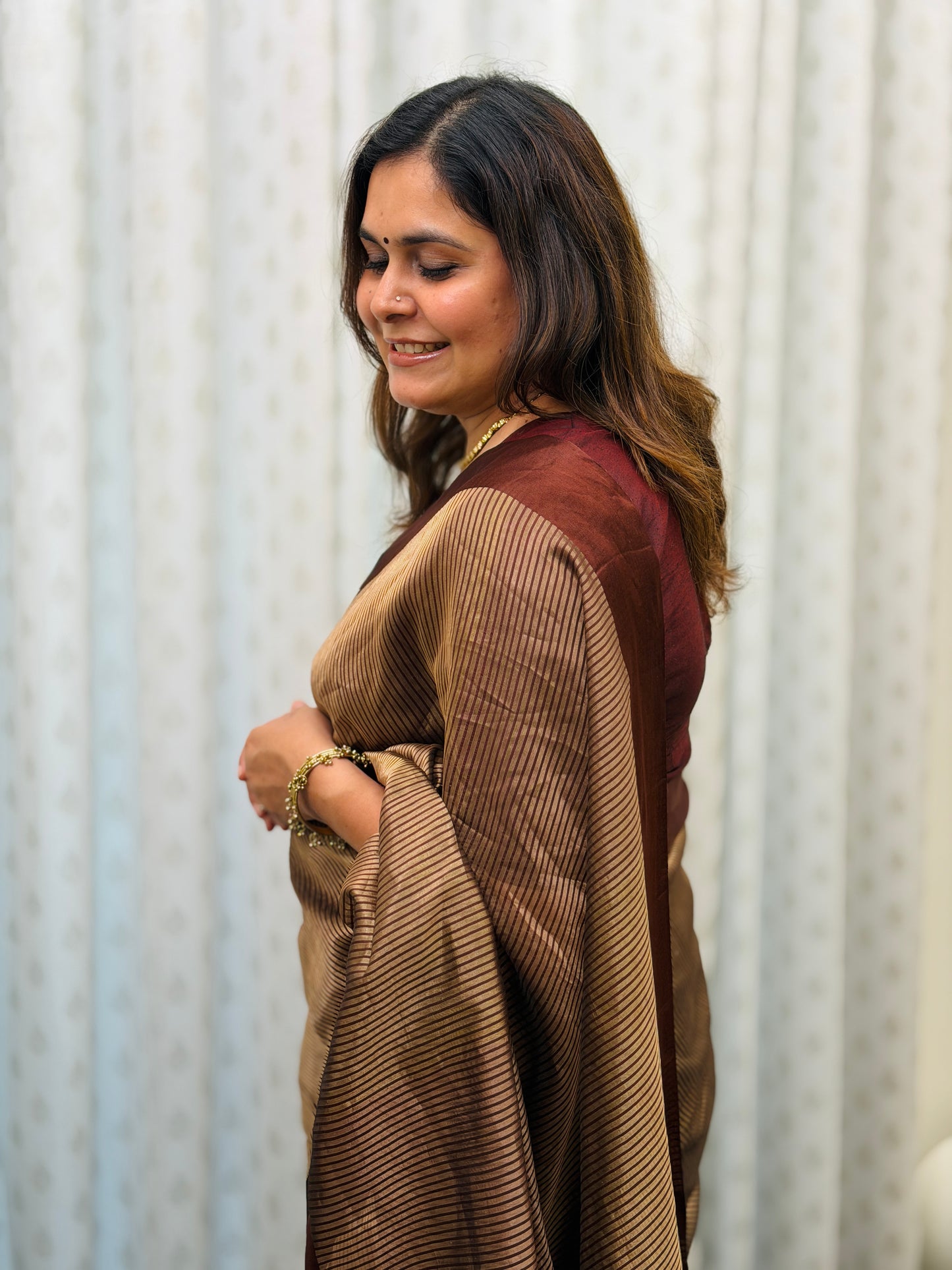 Brown Striped Tissue Silk Saree