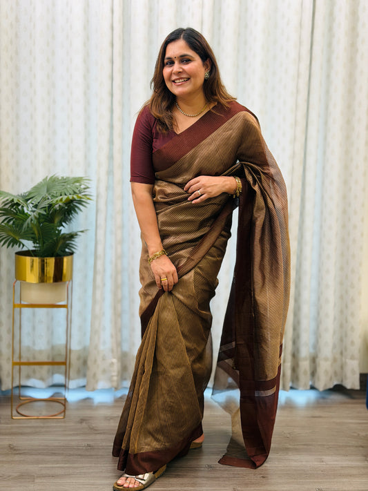 Brown Striped Tissue Silk Saree