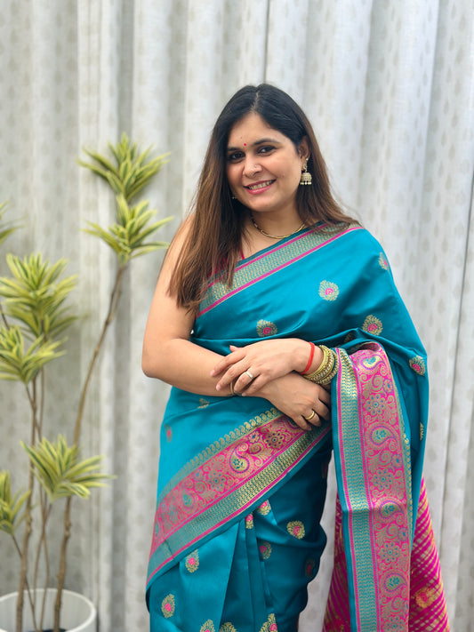 Teal blue Banarasi Silk Saree