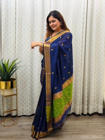 Navy Blue Mercerised Banarasi Saree