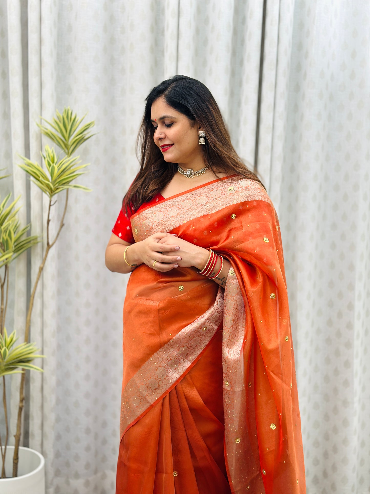 Rust Orange Tissue Silk Saree