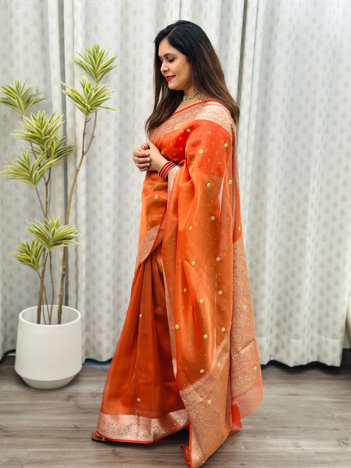 Rust Orange Tissue Silk Saree