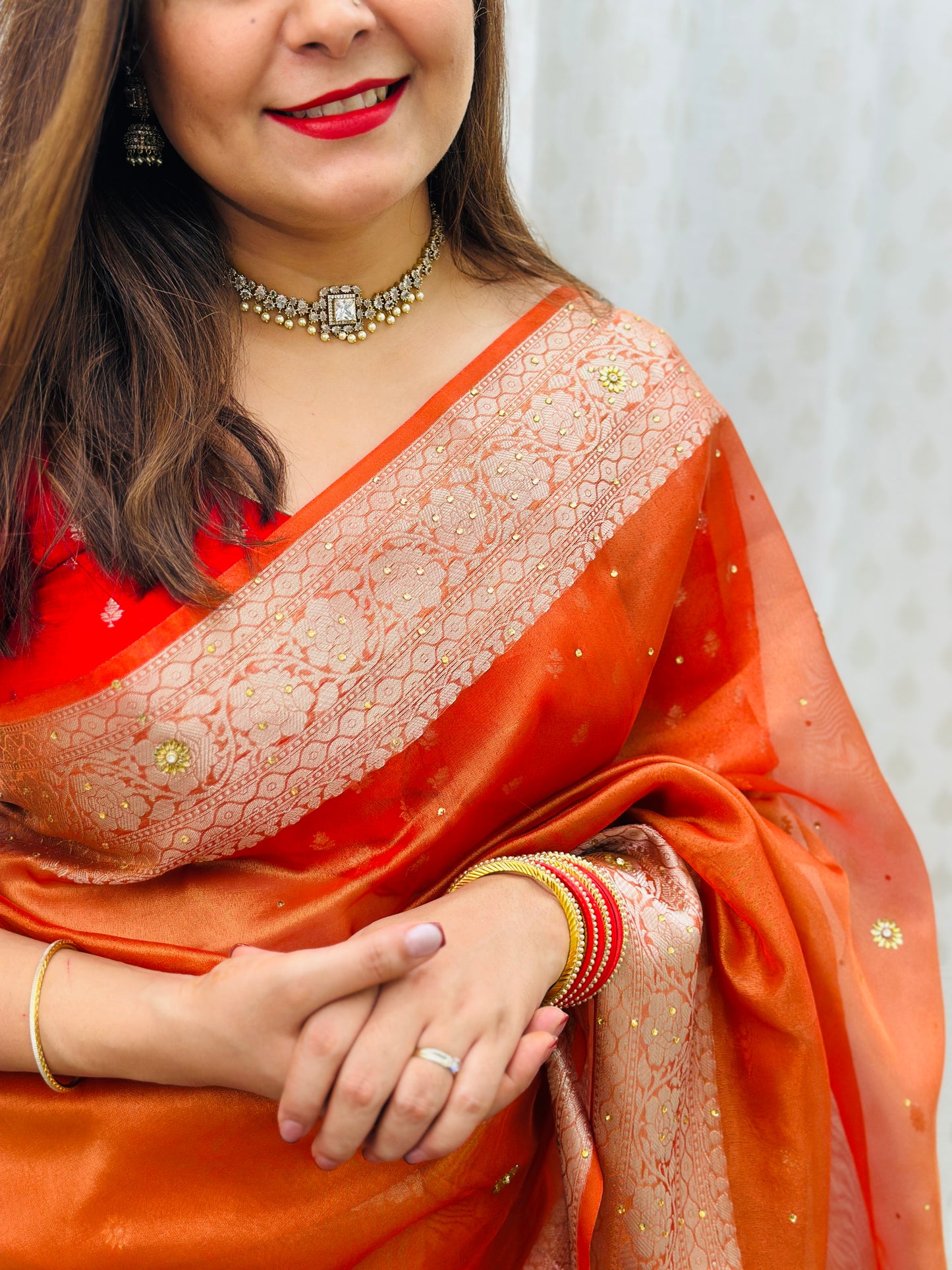 Rust Orange Tissue Silk Saree