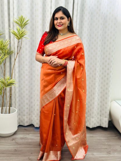 Rust Orange Tissue Silk Saree