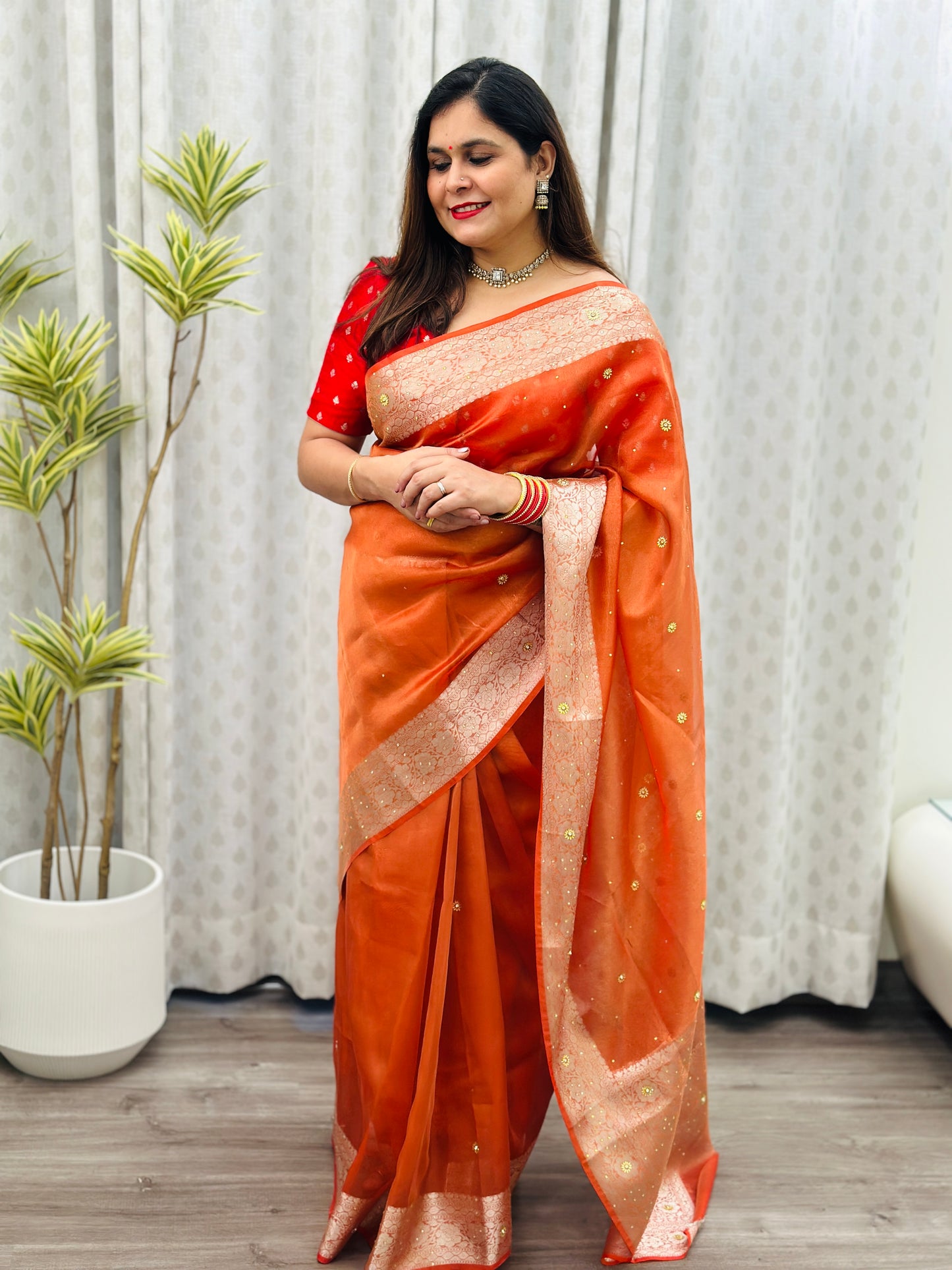 Rust Orange Tissue Silk Saree