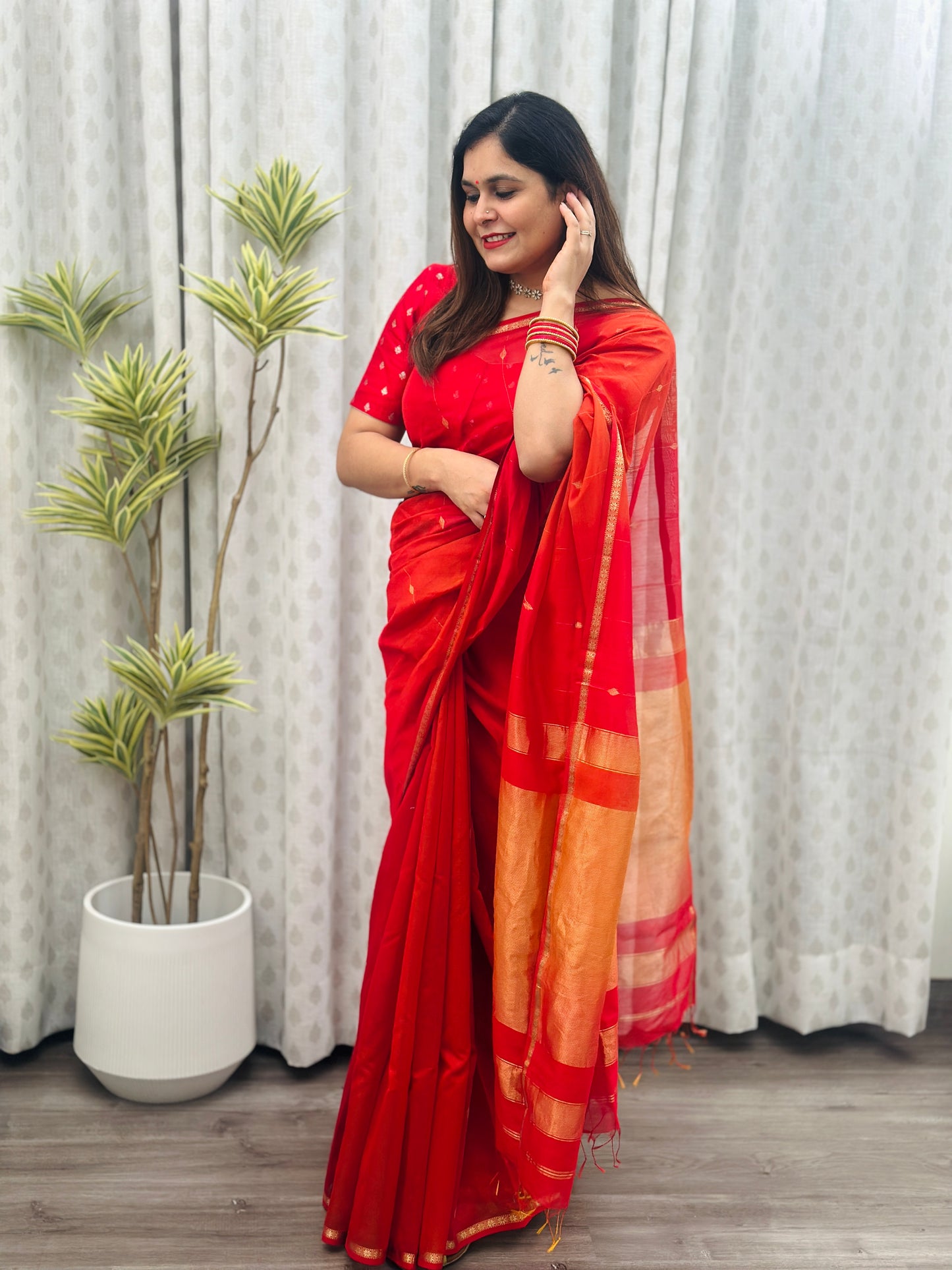 Reddish Orange Maheshwari Saree