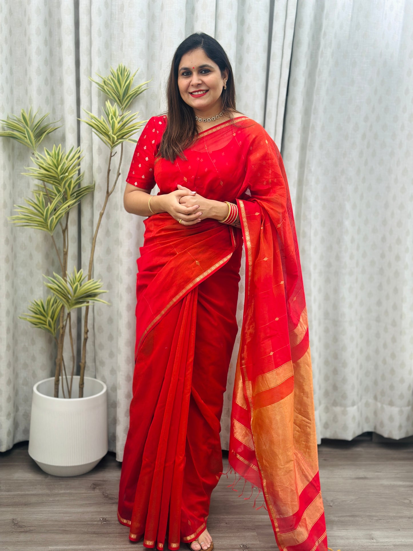 Reddish Orange Maheshwari Saree