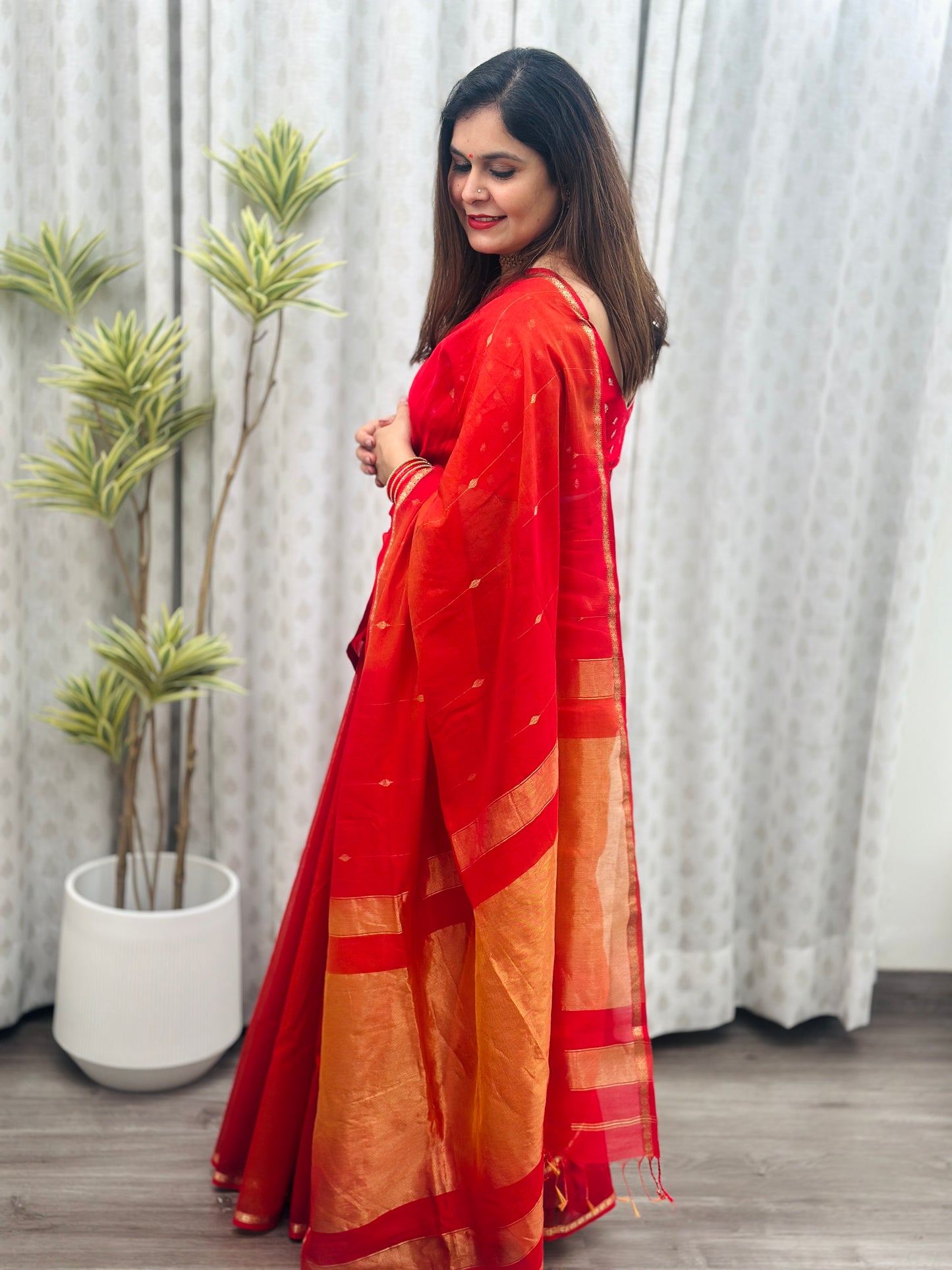 Reddish Orange Maheshwari Saree