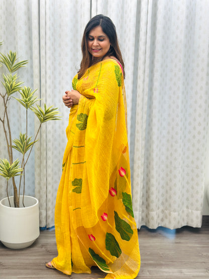 Yellow Linen-Silk Jamdani Saree