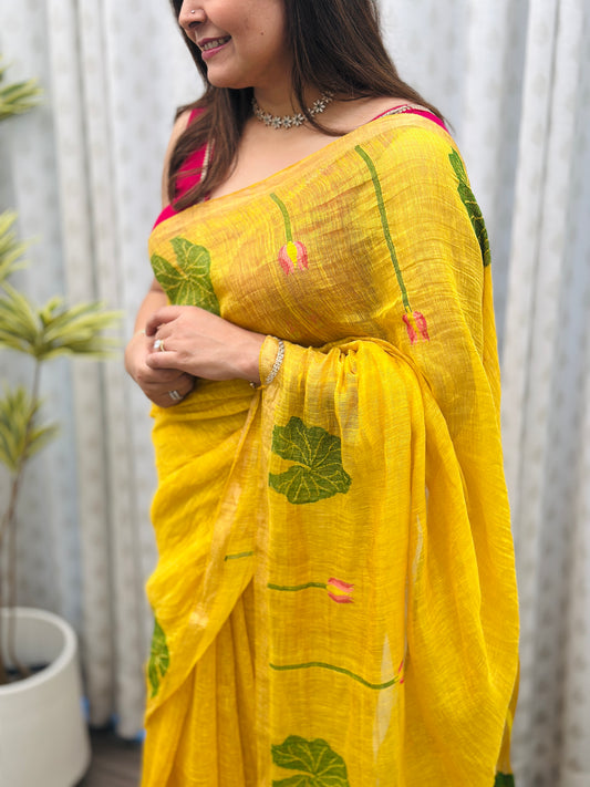 Yellow Linen-Silk Jamdani Saree