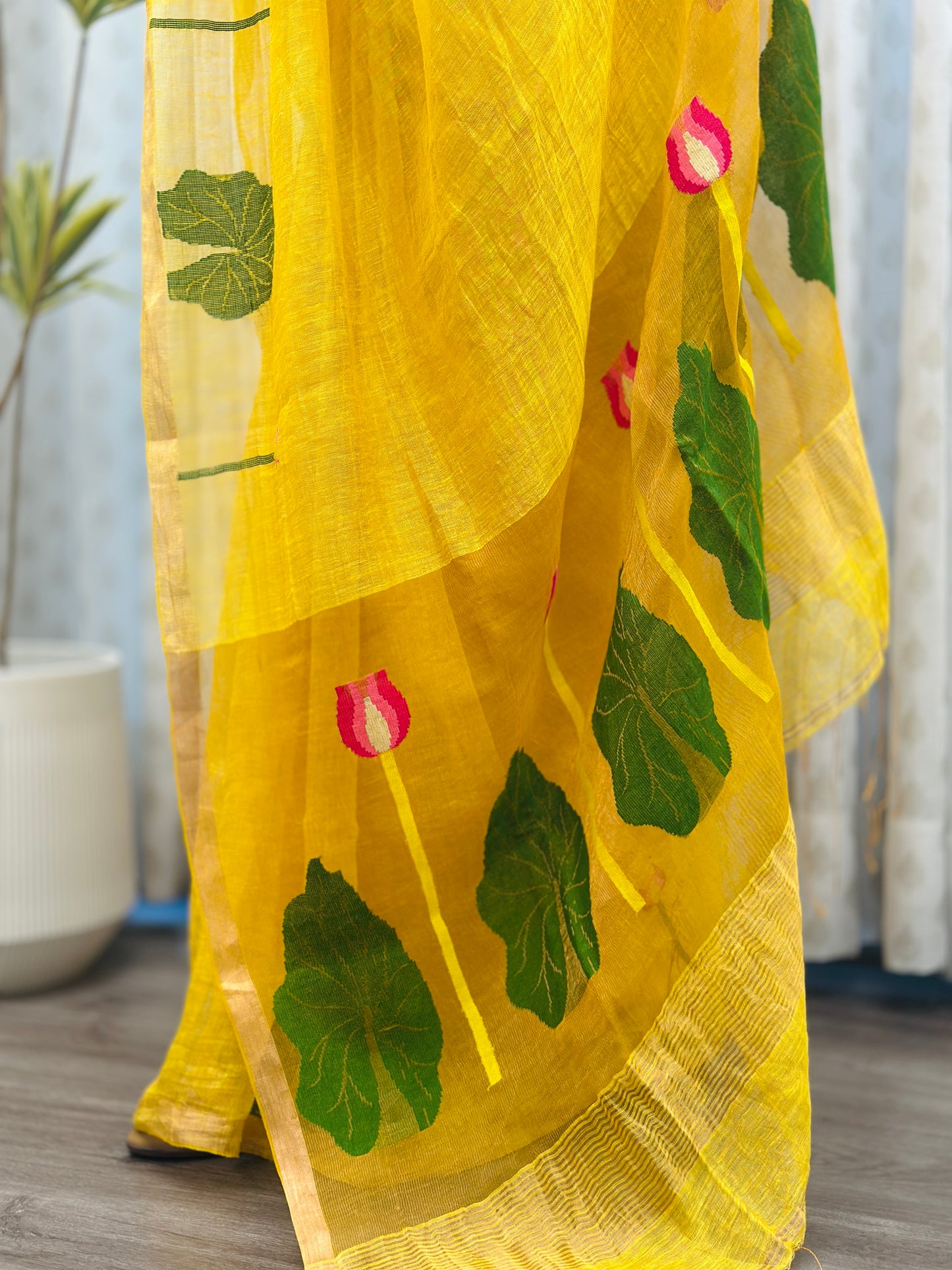 Yellow Linen-Silk Jamdani Saree