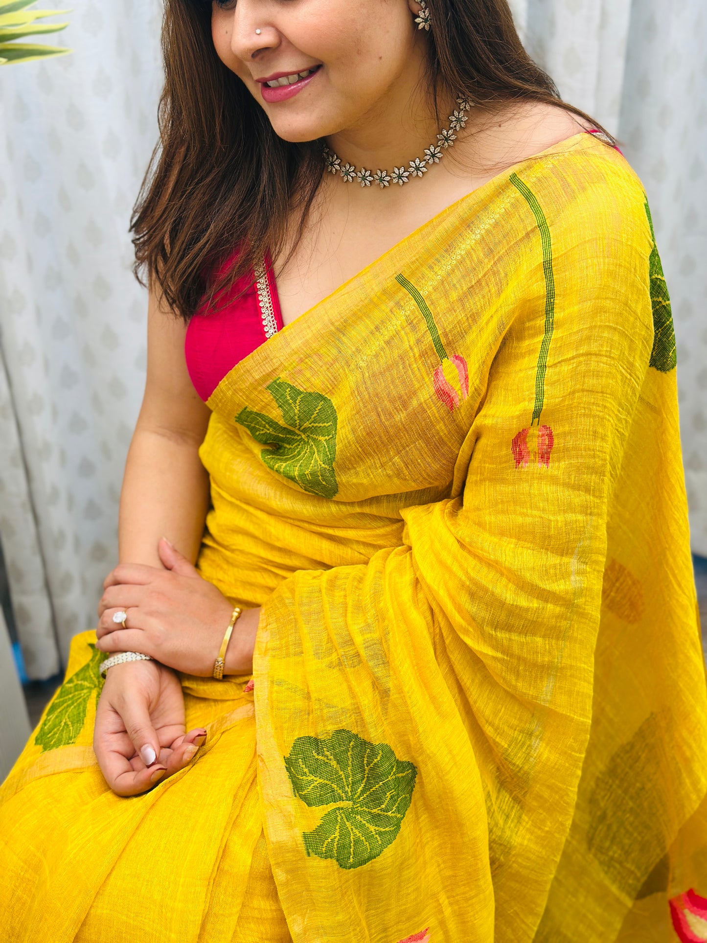 Yellow Linen-Silk Jamdani Saree