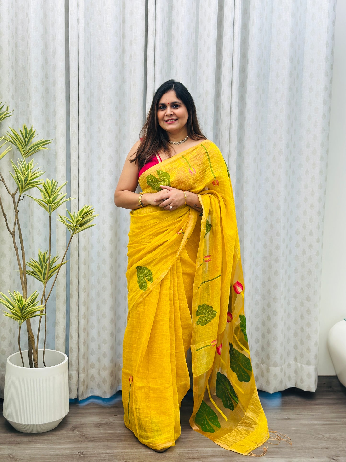 Yellow Linen-Silk Jamdani Saree