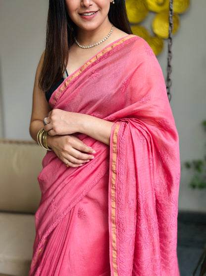 Rosy Pink Chikankari Saree