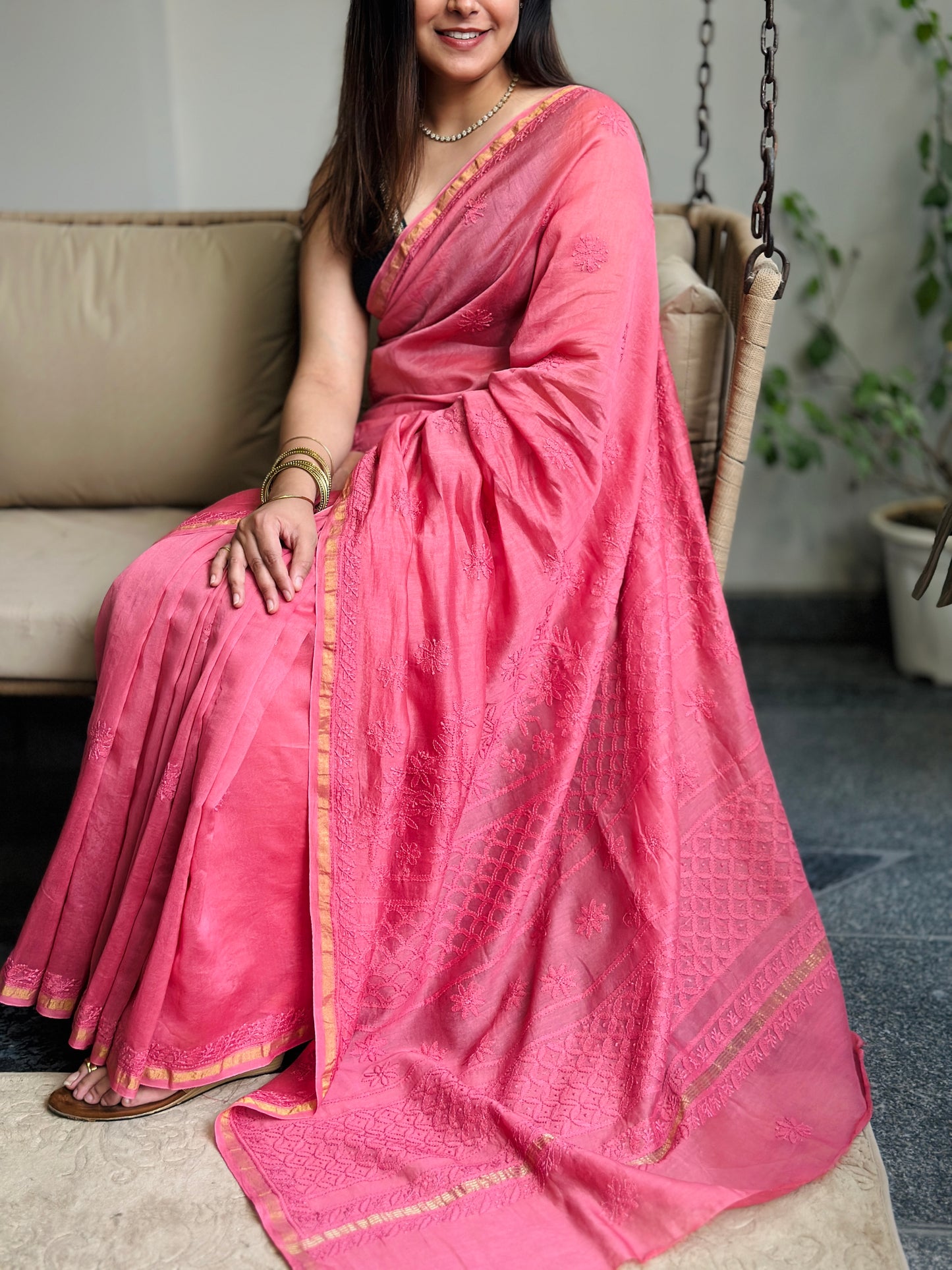 Rosy Pink Chikankari Saree