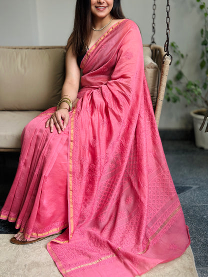 Rosy Pink Chikankari Saree