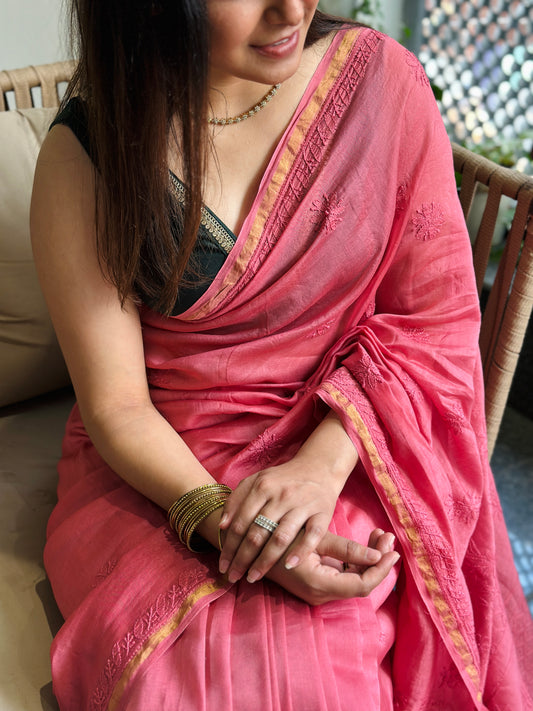 Rosy Pink Chikankari Saree