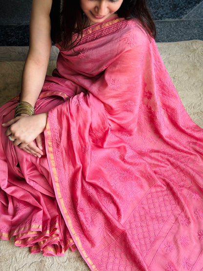 Rosy Pink Chikankari Saree