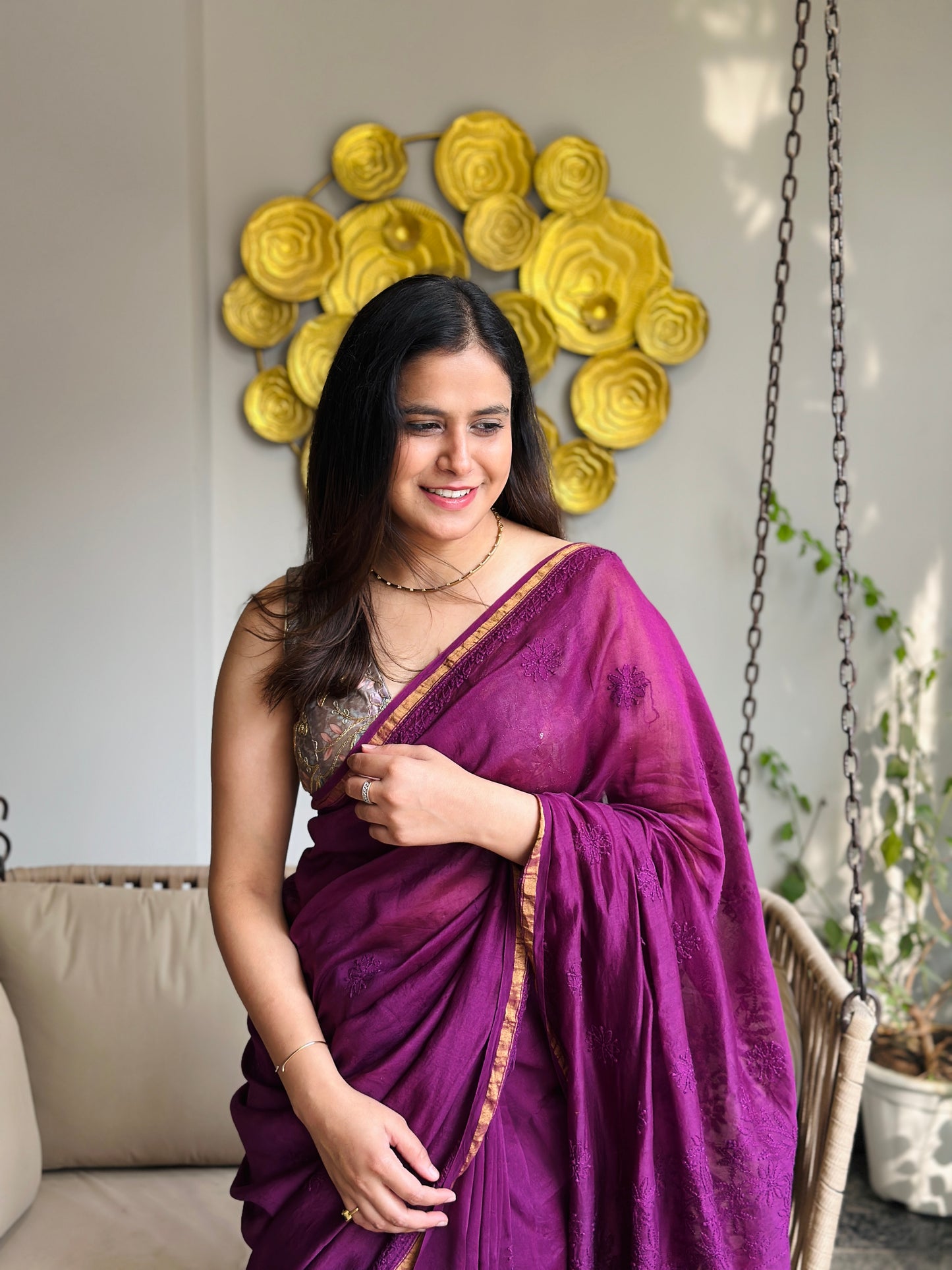 Berry Purple Chikankari Saree